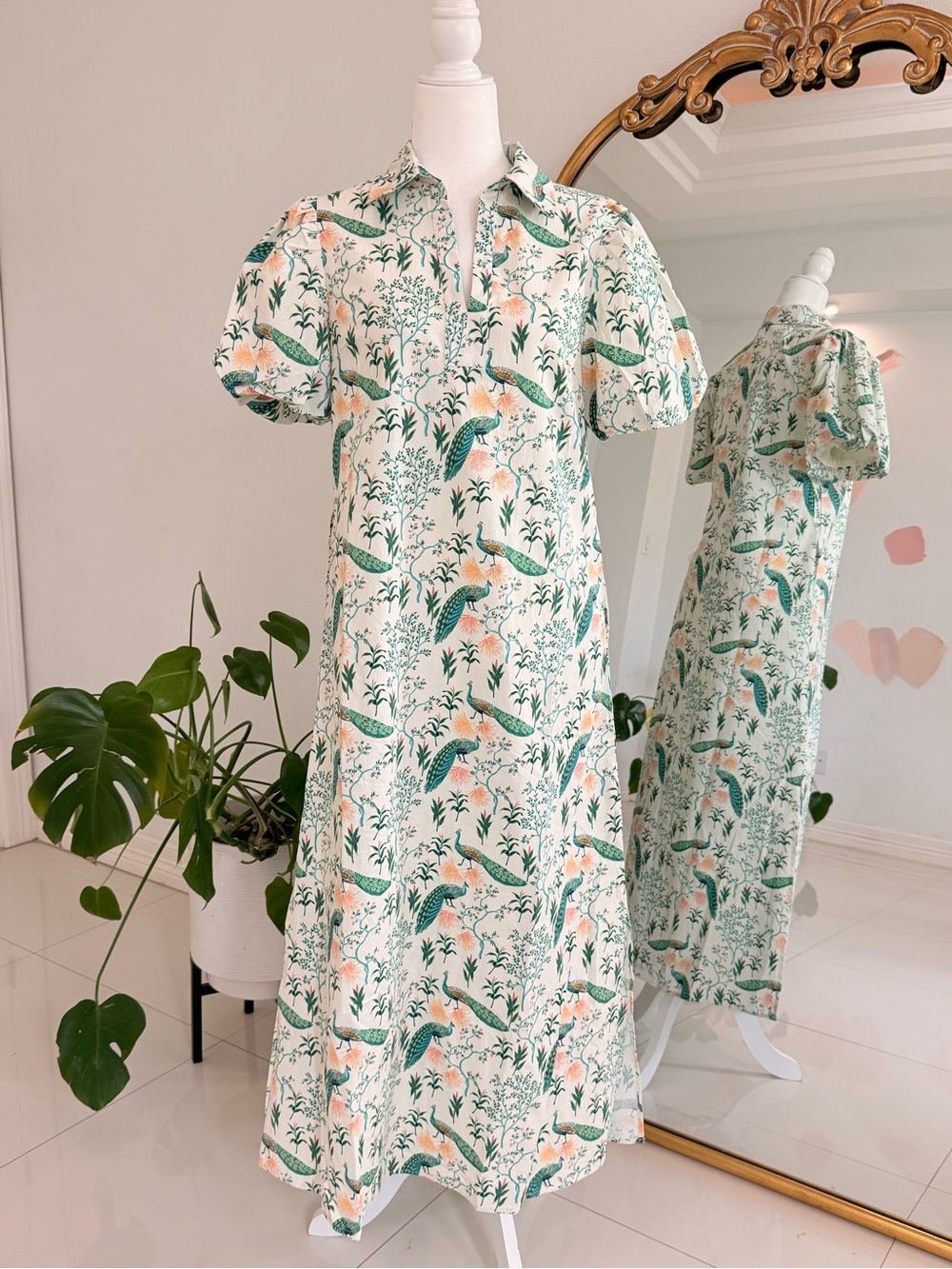 Dress in Cream with Green & Peach Print
